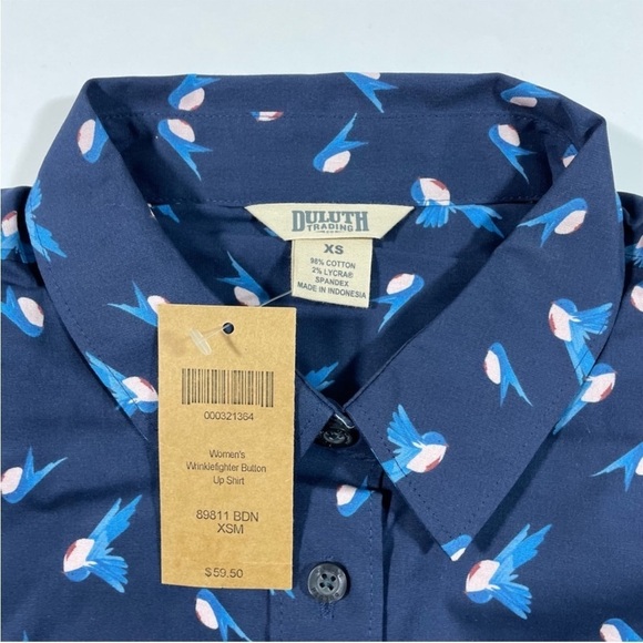 New Duluth Wrinklefighter Button Front Shirt Blue Bird Print - Picture 4 of 6